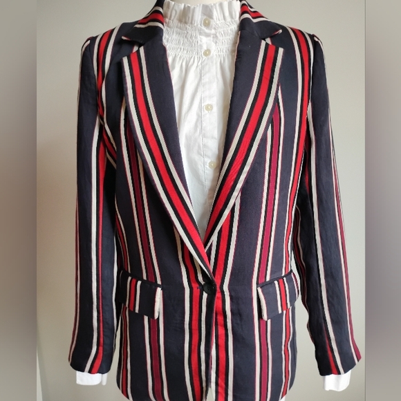 H&M Ultra Preppy Striped Blazer Navy Blue Red White Ivy League Classic Size 8 - Picture 1 of 15